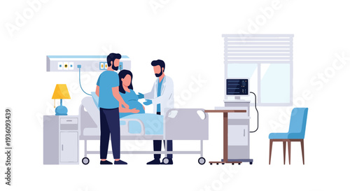 Modern flat vector illustration of doctor assisting pregnant woman in maternity ward representing childbirth care, family healthcare and hospital support service