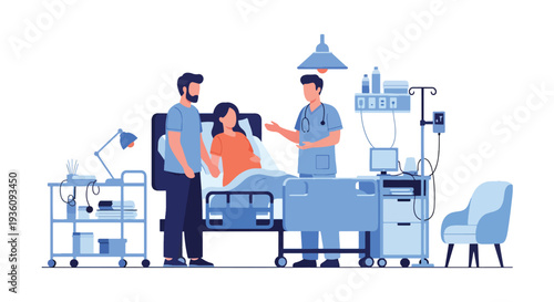 Modern flat vector illustration of doctor assisting pregnant woman in maternity ward representing childbirth care, family healthcare and hospital support service
