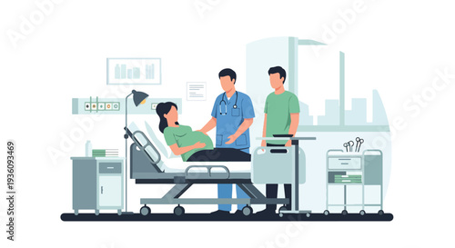 Modern flat vector illustration of doctor assisting pregnant woman in maternity ward representing childbirth care, family healthcare and hospital support service