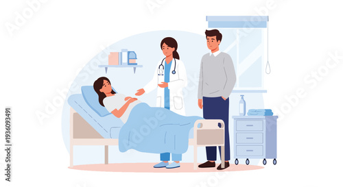 Modern flat vector illustration of doctor assisting pregnant woman in maternity ward representing childbirth care, family healthcare and hospital support service