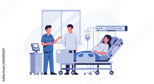 Modern flat vector illustration of doctor assisting pregnant woman in maternity ward representing childbirth care, family healthcare and hospital support service
