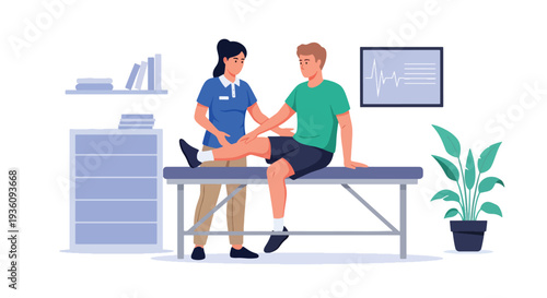 Modern flat vector illustration of physiotherapist helping patient with rehabilitation exercises representing recovery treatment, mobility improvement and healthcare therapy