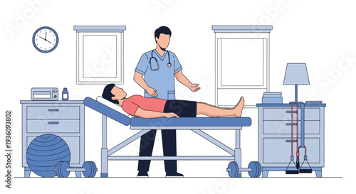 Modern flat vector illustration of physiotherapist helping patient with rehabilitation exercises representing recovery treatment, mobility improvement and healthcare therapy