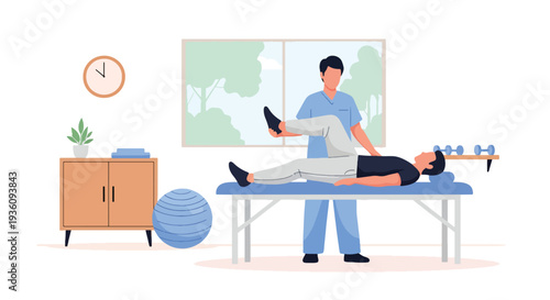 Modern flat vector illustration of physiotherapist helping patient with rehabilitation exercises representing recovery treatment, mobility improvement and healthcare therapy