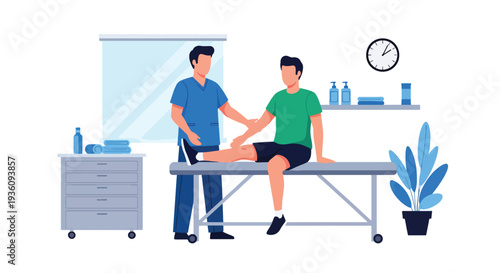 Modern flat vector illustration of physiotherapist helping patient with rehabilitation exercises representing recovery treatment, mobility improvement and healthcare therapy