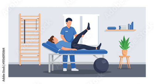 Modern flat vector illustration of physiotherapist helping patient with rehabilitation exercises representing recovery treatment, mobility improvement and healthcare therapy