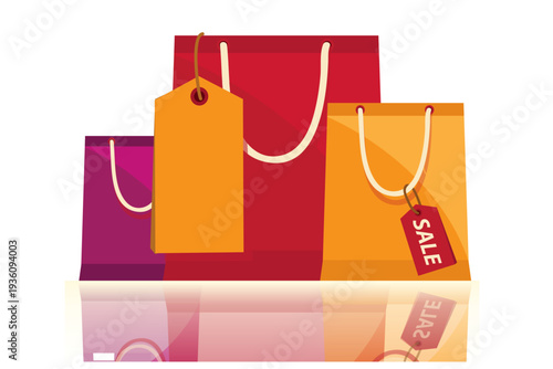 Colorful paper shopping bags with sale and price tags isolated on white.