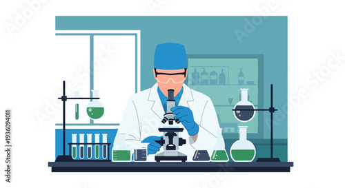 Modern flat vector illustration of laboratory technician analyzing samples with microscope representing medical research, diagnostics and scientific healthcare testing