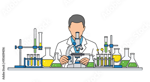Modern flat vector illustration of laboratory technician analyzing samples with microscope representing medical research, diagnostics and scientific healthcare testing