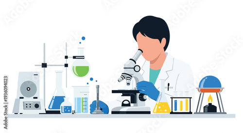 Modern flat vector illustration of laboratory technician analyzing samples with microscope representing medical research, diagnostics and scientific healthcare testing