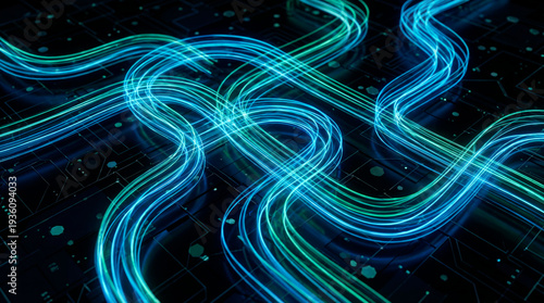 Glowing blue and green light trails representing data transfer and network connectivity on a dark background
