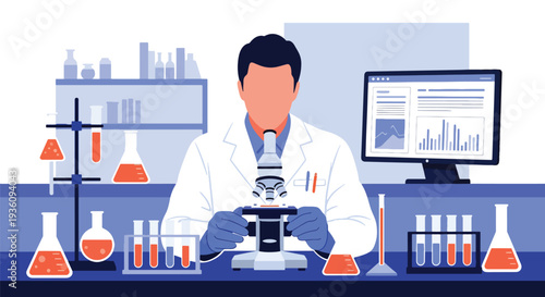 Modern flat vector illustration of laboratory technician analyzing samples with microscope representing medical research, diagnostics and scientific healthcare testing