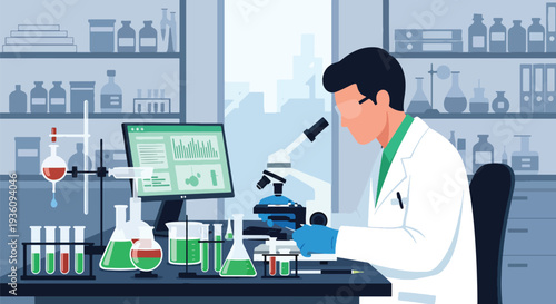 Modern flat vector illustration of laboratory technician analyzing samples with microscope representing medical research, diagnostics and scientific healthcare testing