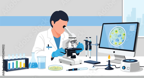Modern flat vector illustration of laboratory technician analyzing samples with microscope representing medical research, diagnostics and scientific healthcare testing