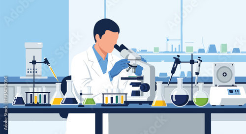 Modern flat vector illustration of laboratory technician analyzing samples with microscope representing medical research, diagnostics and scientific healthcare testing