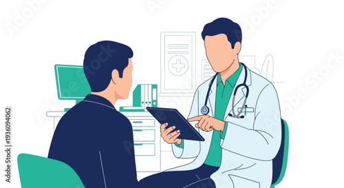 Modern flat vector illustration of doctor using tablet for digital medical records during consultation representing modern healthcare technology and data management