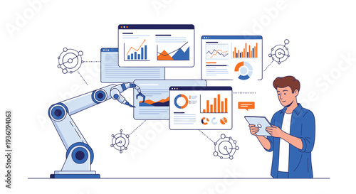 Vector illustration of man working with robotic arm and data analysis screens