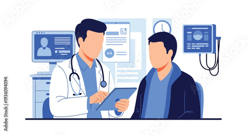 Modern flat vector illustration of doctor using tablet for digital medical records during consultation representing modern healthcare technology and data management