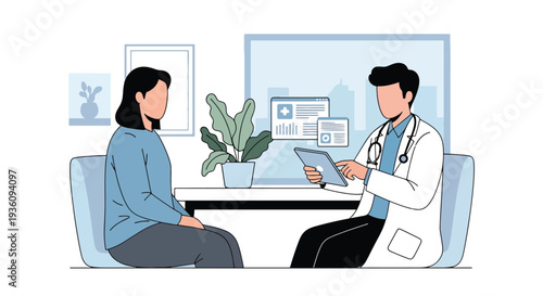 Modern flat vector illustration of doctor using tablet for digital medical records during consultation representing modern healthcare technology and data management