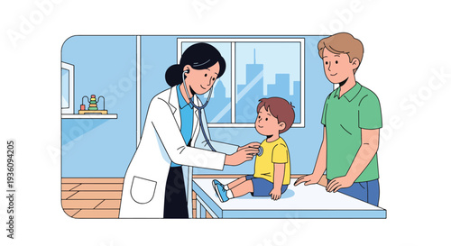 Modern flat vector illustration of pediatrician examining child with stethoscope while parent stands nearby representing family healthcare and child wellness