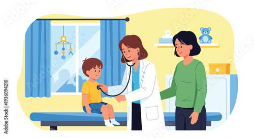 Modern flat vector illustration of pediatrician examining child with stethoscope while parent stands nearby representing family healthcare and child wellness