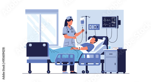 Modern flat vector illustration of nurse checking IV drip for patient on hospital bed representing inpatient care, treatment monitoring and medical support