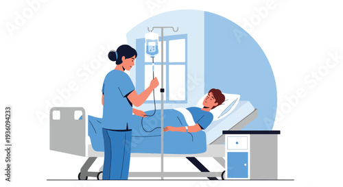 Modern flat vector illustration of nurse checking IV drip for patient on hospital bed representing inpatient care, treatment monitoring and medical support