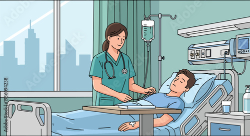 Modern flat vector illustration of nurse checking IV drip for patient on hospital bed representing inpatient care, treatment monitoring and medical support