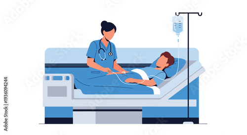 Modern flat vector illustration of nurse checking IV drip for patient on hospital bed representing inpatient care, treatment monitoring and medical support