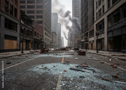 Devastation and damage on city street possibly after protests, suitable for illustrating urban unrest and impact of demonstrations.
