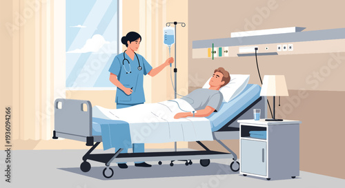 Modern flat vector illustration of nurse checking IV drip for patient on hospital bed representing inpatient care, treatment monitoring and medical support