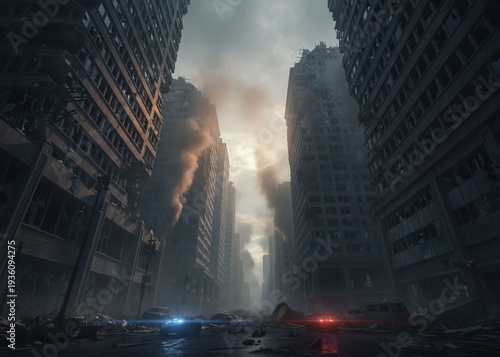 Bombed cityscape street with collapsed buildings and smoke. Suitable for illustrating destruction, war, disaster, postapocalyptic scenarios in design projects.