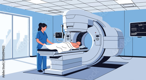 Modern flat vector illustration of radiology technician preparing patient for scan representing diagnostic imaging and modern healthcare technology service