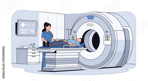 Modern flat vector illustration of radiology technician preparing patient for scan representing diagnostic imaging and modern healthcare technology service