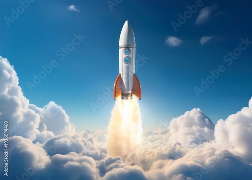 Rockets ascent through clouds, symbolizing progress, success. Suitable for innovation, startup concepts, business growth, and reaching new heights in design.