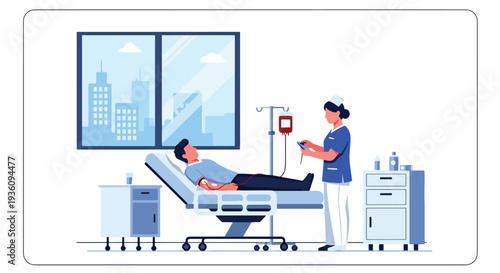 Modern flat vector illustration of blood donation session with donor and nurse representing community healthcare support and lifesaving medical service