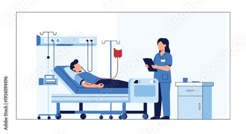 Modern flat vector illustration of blood donation session with donor and nurse representing community healthcare support and lifesaving medical service