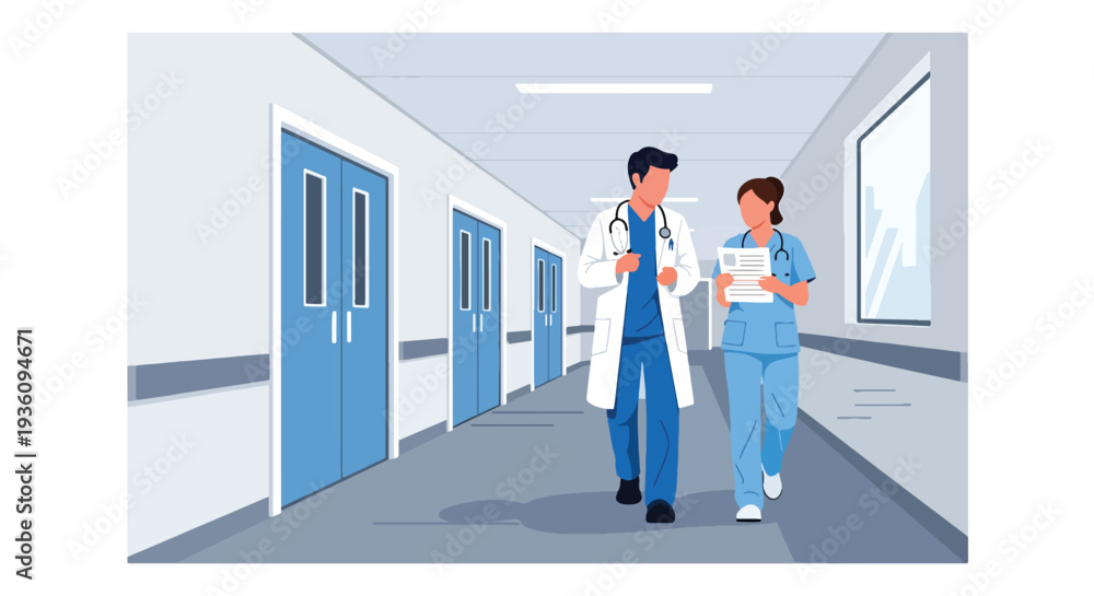 Obraz premium Modern flat vector illustration of doctor and nurse walking in hospital corridor discussing case representing teamwork and professional healthcare collaboration