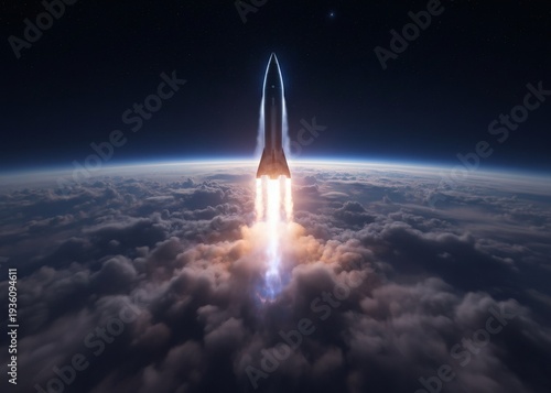 Rocket speeding through clouds on its way to the starry sky. Ideal for scifi, space exploration, and technologythemed design projects.