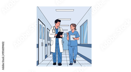 Modern flat vector illustration of doctor and nurse walking in hospital corridor discussing case representing teamwork and professional healthcare collaboration