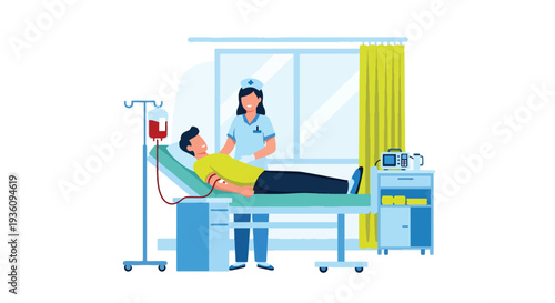 Modern flat vector illustration of blood donation session with donor and nurse representing community healthcare support and lifesaving medical service