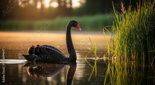 Majestic black swan gracefully swims on a calm lake, kissed by the golden sunrise