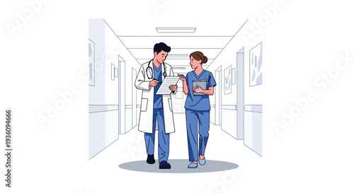 Modern flat vector illustration of doctor and nurse walking in hospital corridor discussing case representing teamwork and professional healthcare collaboration