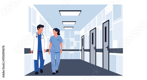 Modern flat vector illustration of doctor and nurse walking in hospital corridor discussing case representing teamwork and professional healthcare collaboration