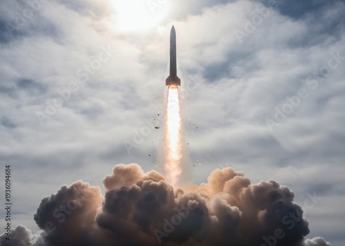 Rocket launching towards sun through thick smoke, ideal for representing progress, innovation, and achievement in business or technology concepts.