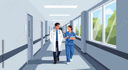 Modern flat vector illustration of doctor and nurse walking in hospital corridor discussing case representing teamwork and professional healthcare collaboration