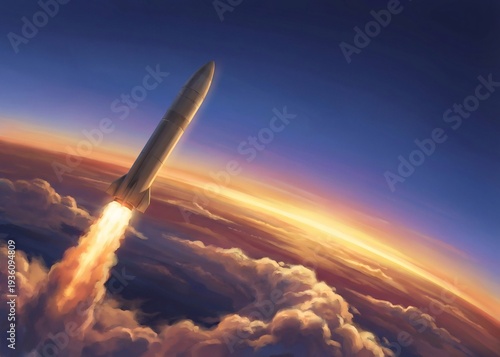 Rocket soaring through the earths atmosphere, ideal for technology, science, education, and spacethemed design projects requiring a dynamic visual.