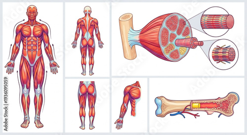 Human muscular system anatomy vector set, colorful medical illustrations of full body muscle structure, muscle fiber cross section and bone anatomy, isolated on white background