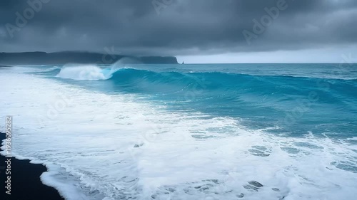 Dramatic Blue Ocean Waves Crashing on Black Sand Beach Under Stormy Sky wallpaper