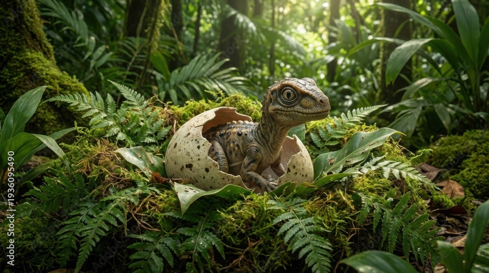 Obraz premium Baby dinosaur hatching from egg in green jungle forest